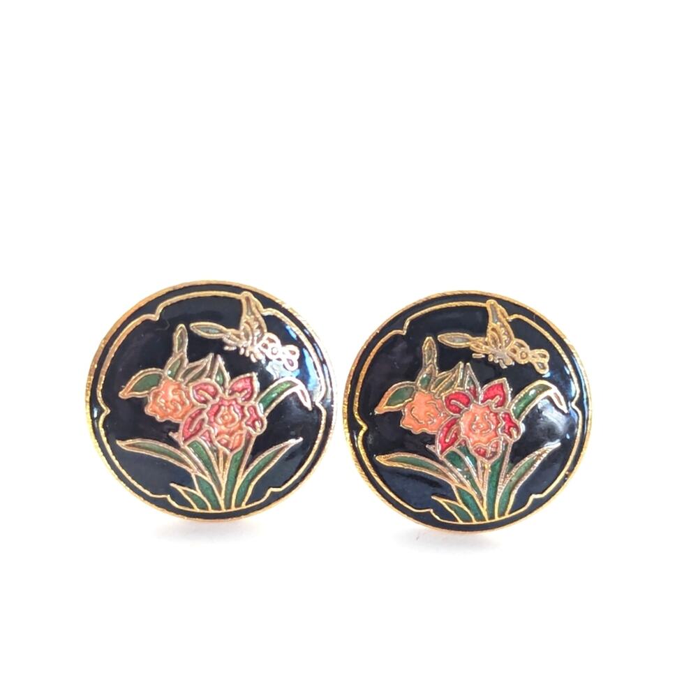 Vintage Cloisonne Enameled Spring Daffodil Butterfly Floral Clip On Earrings
